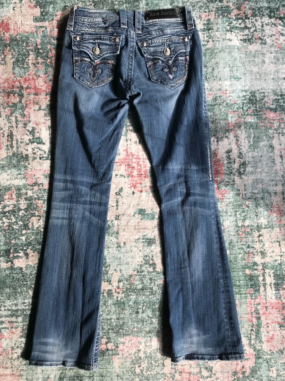 Rock Revival Blue Boot Cut Jeans with Embroidered Pockets